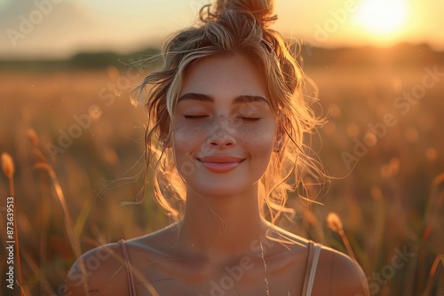 Backlit Portrait of a beautiful woman in a wild flower field at sunset, peaceful, happy and calm with eyes closes and smiling