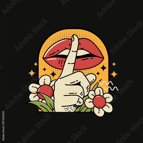 illustration of lips in shh pose on a black background in vintage style