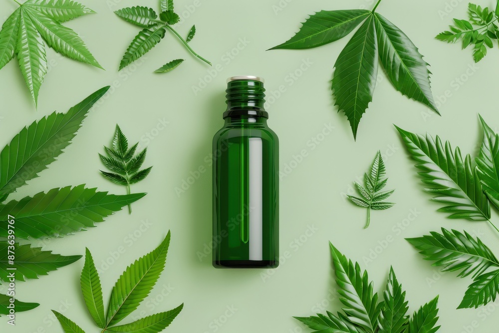 Neem Oil in a stylish green bottle, surrounded by neem leaves, set on a natural background, photorealistic and natural beauty Neem Oil in a stylish green bottle, surrounded by neem leaves, set on a natural background, photorealistic and natural beauty