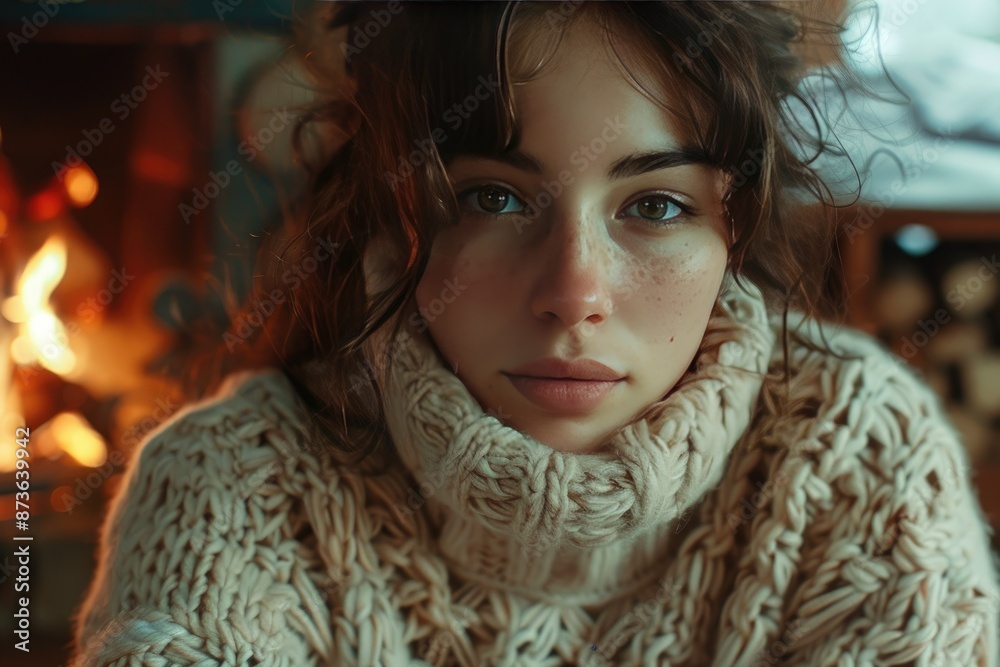 Cozy Winter Indoors: Young Woman in Knitted Sweater by the Fireplace Cozy Winter Indoors: Young Woman in Knitted Sweater by the Fireplace
