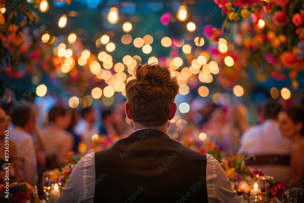 Obraz premium Single man, attending wedding, alone at a table, wideangle view, vibrant decorations, wedding joy, social anxiety, high contrast, emotional tones.,