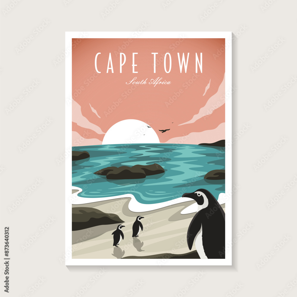 Obraz premium Vintage retro African penguin on cape town beach poster design illustration, seascape beach poster