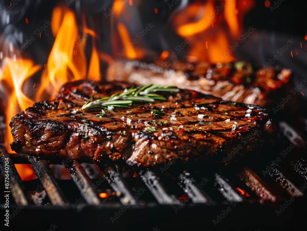 beef ribeye steak grilling on flaming grill - ai beef ribeye steak grilling on flaming grill - ai
