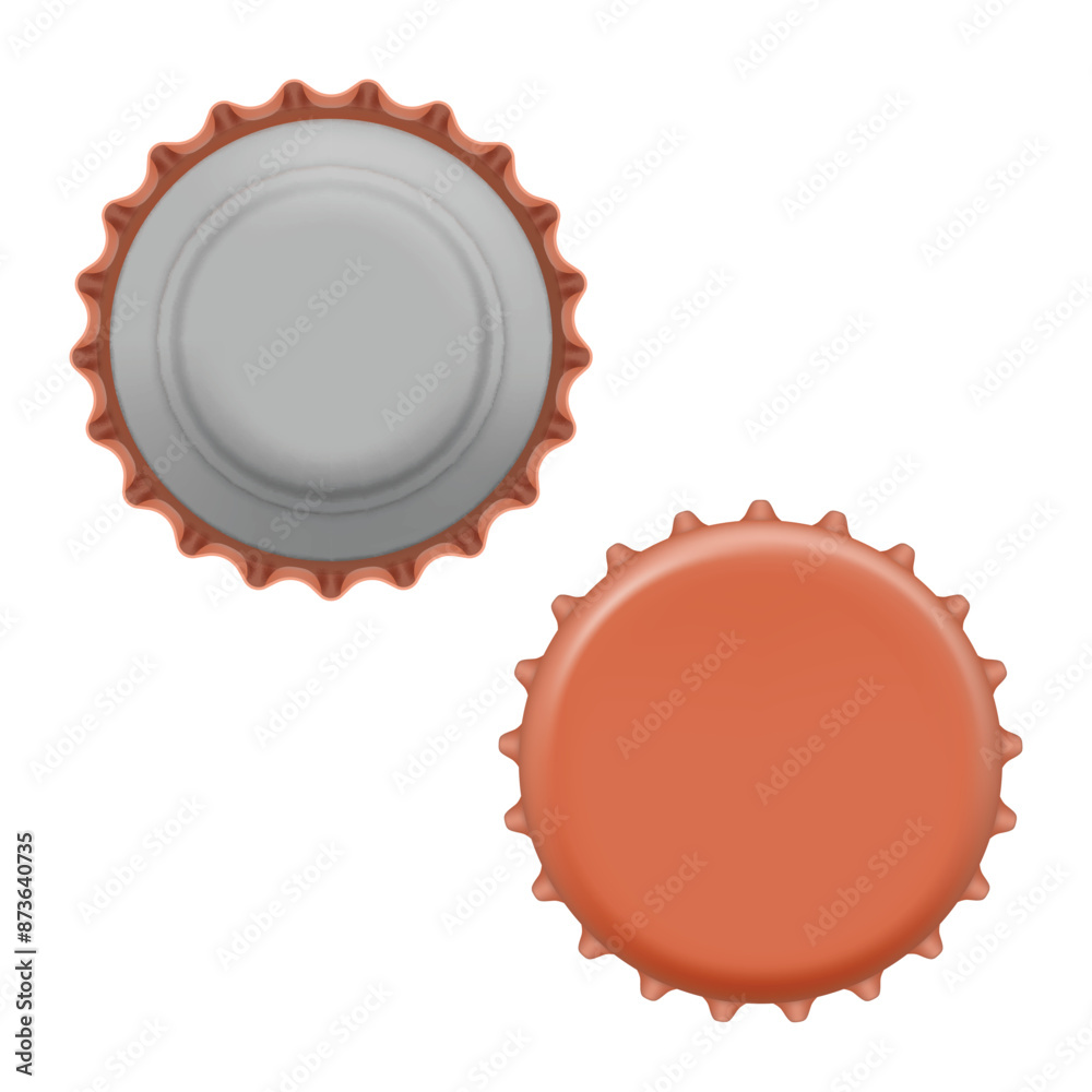 Two bottle caps, one silver and one orange, viewed from above. Vector Two bottle caps, one silver and one orange, viewed from above. Vector