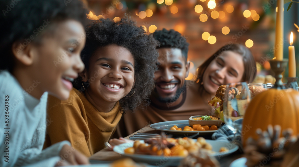Happy Multiracial Family Laughing During Thanksgiving Meal Happy Multiracial Family Laughing During Thanksgiving Meal