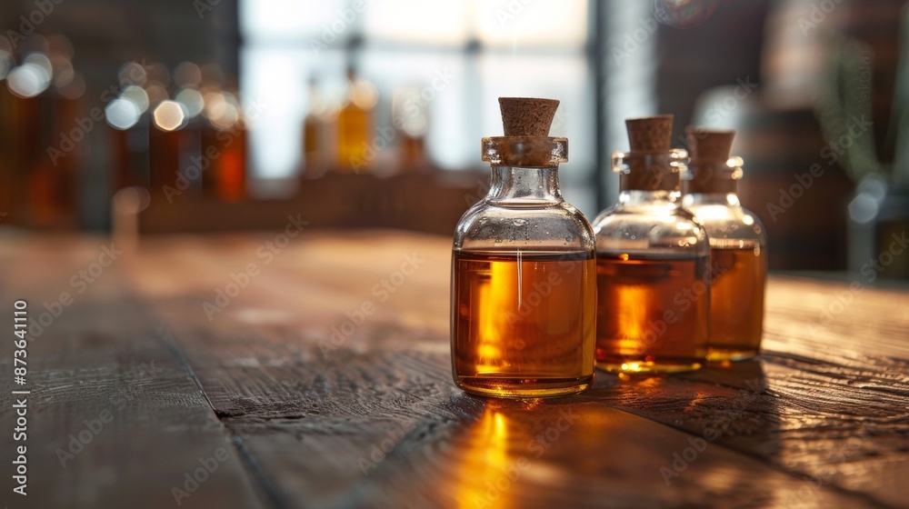 Bottles of amber liquid on rustic wooden table Bottles of amber liquid on rustic wooden table