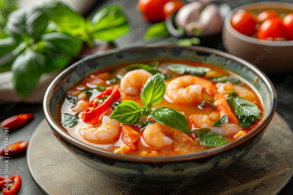 Tom yum soup with shrimps and basil in bowl, closeup. Thai food
Tom yum soup with shrimps and basil in bowl, closeup. Thai food