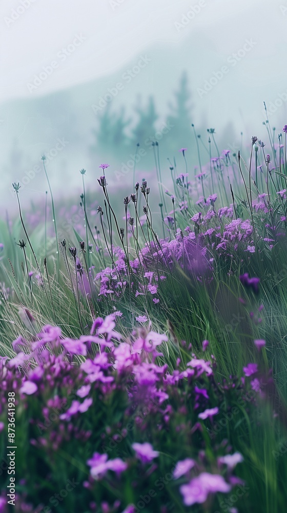 Naklejka premium Minimalist summer meadow with purple phlox and soft green grass, perfect for adding summer text