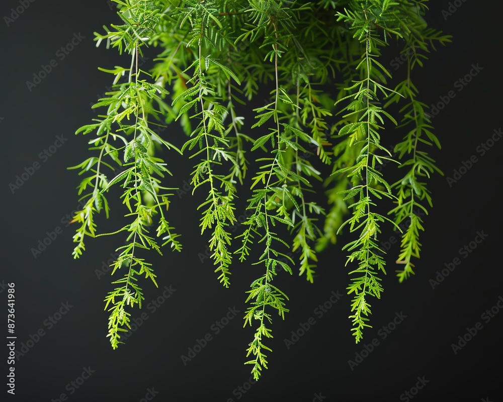 3D illustration of hanging Asparagus densiflorus plant, black background, photorealistic, ultrahigh detail, 4K quality