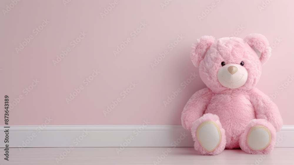 A pink teddy bear is sitting on a white floor A pink teddy bear is sitting on a white floor