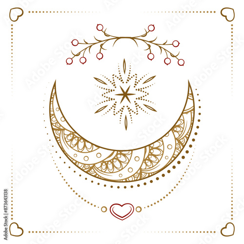 Intricate bohemian style vector mandala featuring a crescent moon and star, surrounded by delicate floral patterns on a white background.