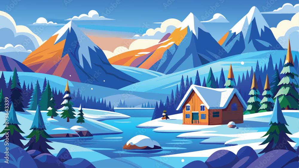 landscape flat art vector illustration of winter nature view: snowy ...