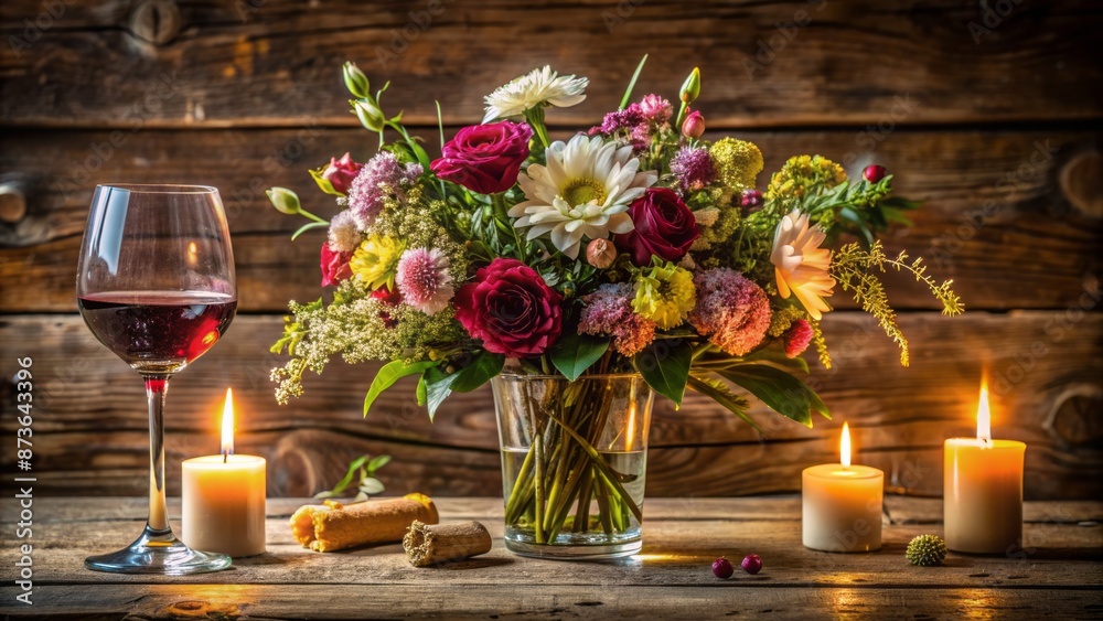 Fototapeta premium Elegant still life arrangement featuring a delicate wine glass, fresh bouquet of flowers, and subtle candlelight ambiance on a rustic table.