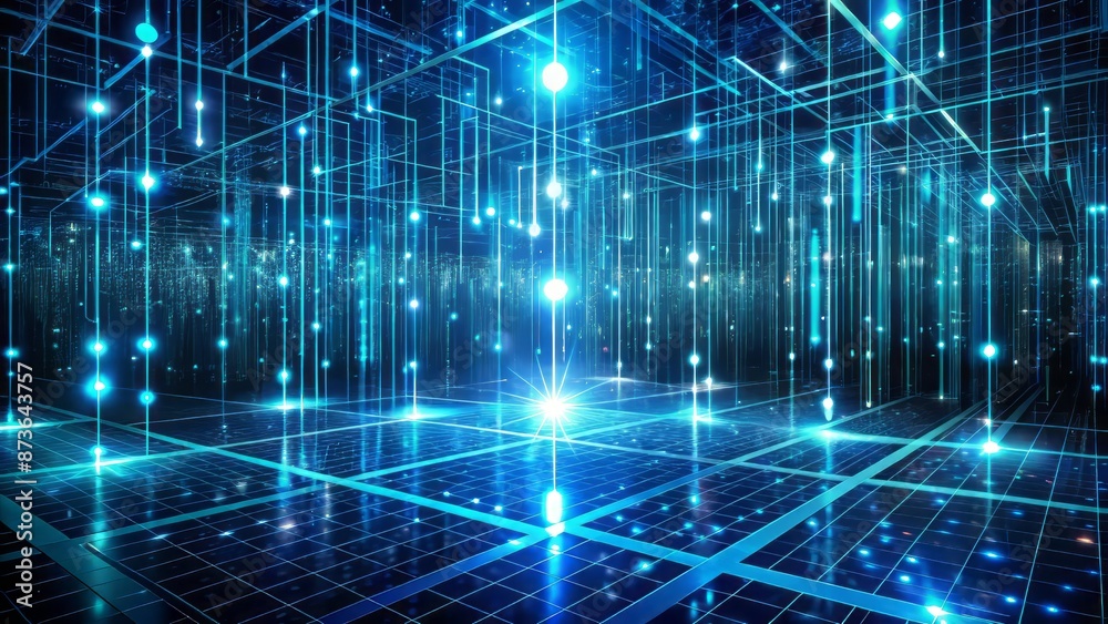 Futuristic glowing neon blue matrix code swirls in a dark abstract virtual world of circuits and futuristic data streams floating freely. Futuristic glowing neon blue matrix code swirls in a dark abstract virtual world of circuits and futuristic data streams floating freely.