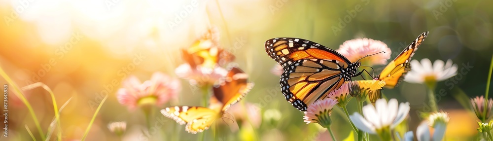 Naklejka premium Tranquil butterfly garden with various butterflies resting on flowers, Animal, Calm and Pure concept