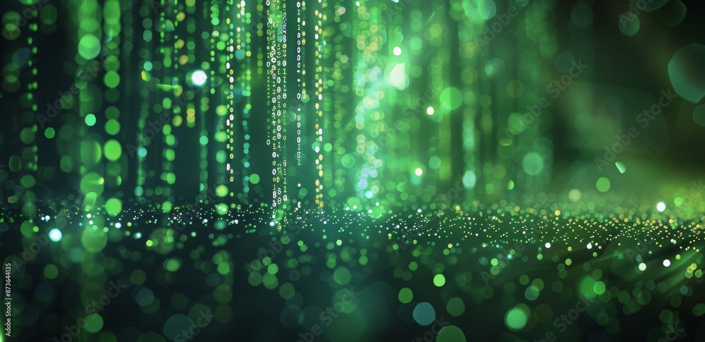Abstract Green Bokeh Background With Light Streaks and Glowing Particles