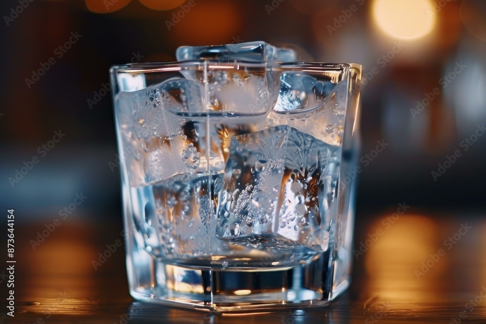 Closeup of a refreshing glass of ice water on a warm, illuminated wooden bar background Closeup of a refreshing glass of ice water on a warm, illuminated wooden bar background