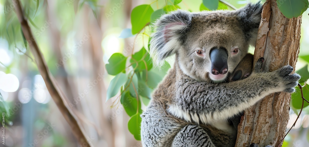 Obraz premium Tranquil koala cuddling its baby in a eucalyptus tree, Animal, Calm and Pure concept