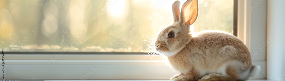 Happy rabbit sitting by a sunlit window with light streaming in, Rabbit, Content and Light concept Happy rabbit sitting by a sunlit window with light streaming in, Rabbit, Content and Light concept