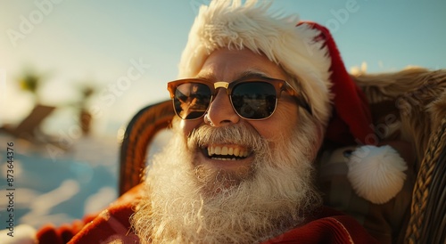 Santa Claus Wearing Sunglasses and a Red Hat at the Beach