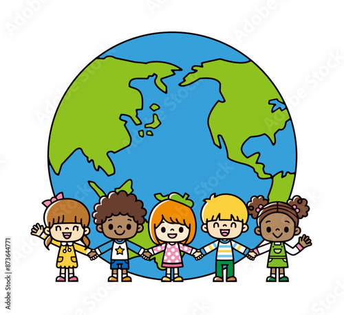線画の地球の前に立って、手をつないでいる世界のいろいろな人種のかわいい子供たちのイラスト