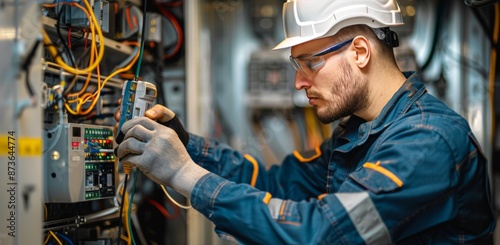 Electrician Working on Electrical Panel in Industrial Setting