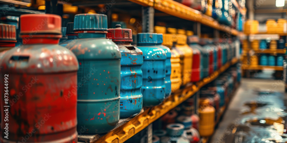 A collection of rusty gas canisters in various colors, neatly arranged on warehouse shelves, emphasizing industrial storage. A collection of rusty gas canisters in various colors, neatly arranged on warehouse shelves, emphasizing industrial storage.