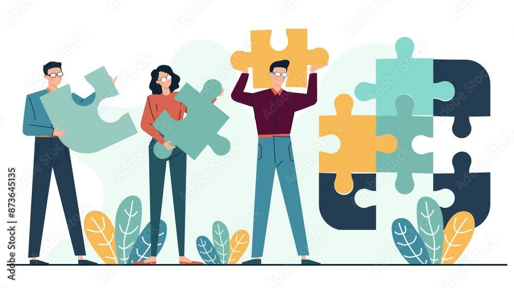 problem solving and solution concept with people character bring puzzle pieces business animated illustration video
