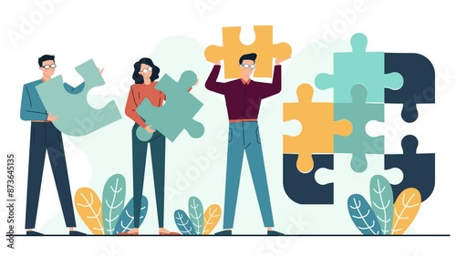 problem solving and solution concept with people character bring puzzle pieces business animated illustration video
