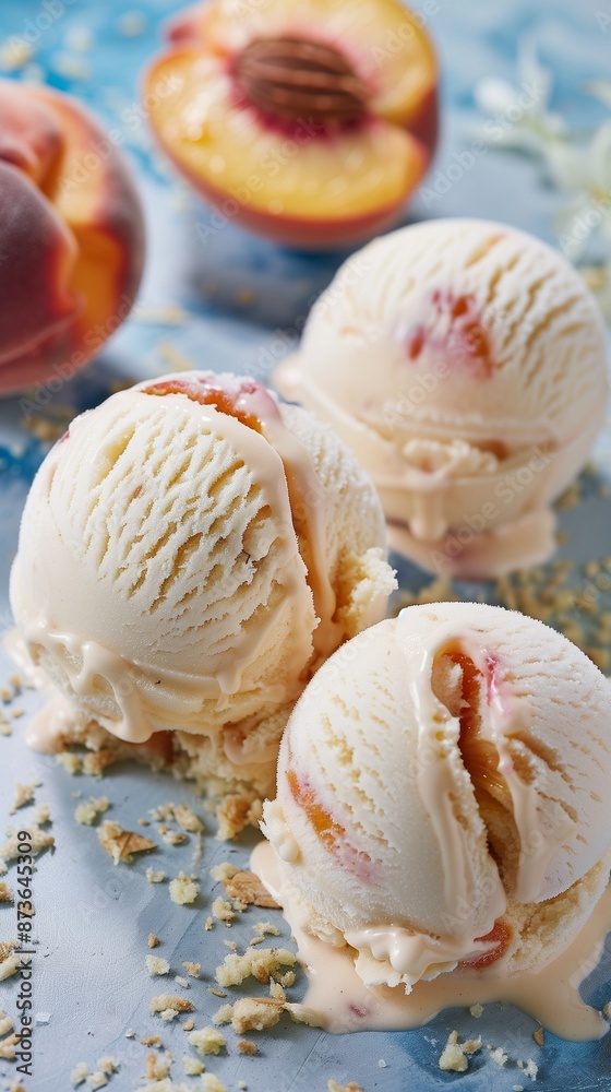 Serene ice cream delight with white peach scoops, offering ample copy space for text, ideal for summer dessert promotions. Serene ice cream delight with white peach scoops, offering ample copy space for text, ideal for summer dessert promotions.