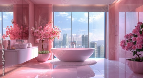 Pink Bathroom With Bathtub and City View at Sunset