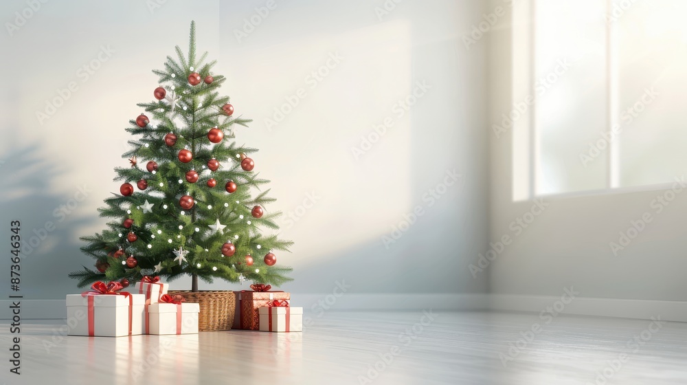 A Christmas tree with red ornaments sits in front of a white box A Christmas tree with red ornaments sits in front of a white box