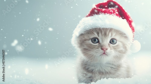 A cute cat wearing a Santa hat and standing in the snow