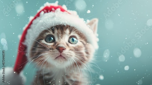 A cat wearing a Santa hat is looking at the camera