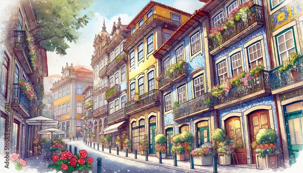 Fototapeta premium Spring at Ribeira district of Porto, narrow streets are lined with colorful buildings.jpeg