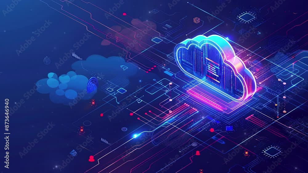 Cloud Computing Backup Cyber Security Fingerprint Identity Encryption Technology. Cloud computing concept. Abstract cloud connection technology background. Cloud storage for downloading an isometric.