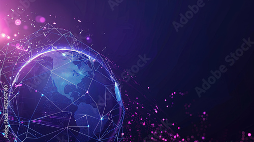 Global network concept. World map point. Global network planet Earth. Low poly wireframe, lines and dots glowing design. A purple space background with polygonal or plexus-shaped abstract objects.