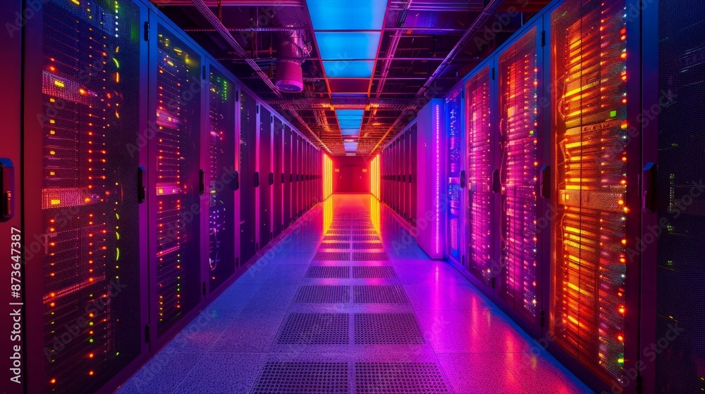 Futuristic Computer Server Room with Vibrant Lights showcasing High-Tech Data Processing Infrastructure