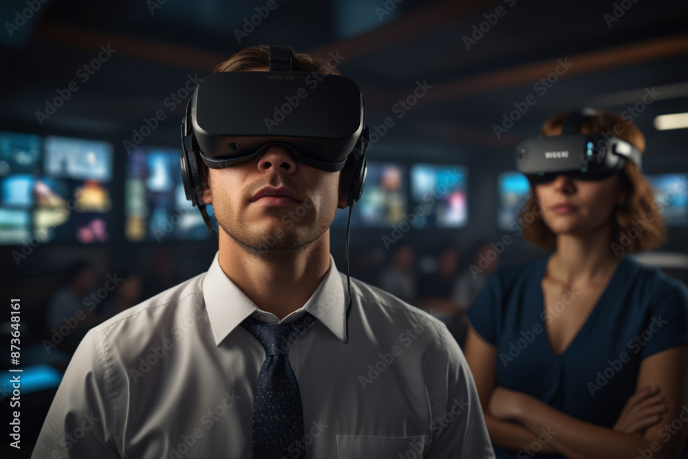 portrait of a man wearing a VR Box on a Technological background | illustration of future technology