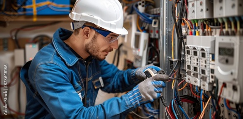 Electrician Working on Electrical Panel in Industrial Setting