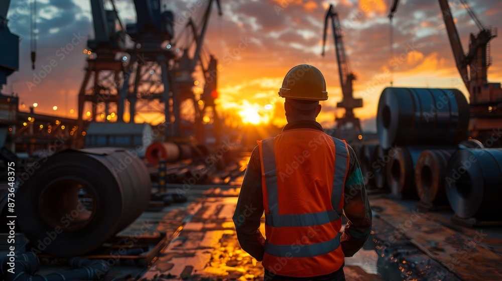 Worker in Orange Safety Vest and Helmet Overseeing Steel Shipyard at Sunset, Cranes Working in the Background with Rolls of Raw Iron Material Worker in Orange Safety Vest and Helmet Overseeing Steel Shipyard at Sunset, Cranes Working in the Background with Rolls of Raw Iron Material