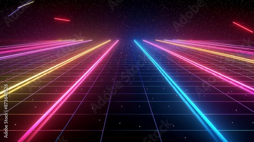 Abstract neon background with glowing lines, empty room with floor reflections.