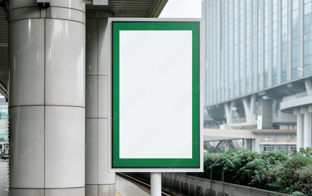 Blank advertising billboard in urban setting, ideal for your promotional content. Modern infrastructure and greenery in background.