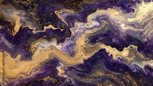 Cosmic Abstraction, abstract cosmic scene with swirling waves of metallic gold and purple color