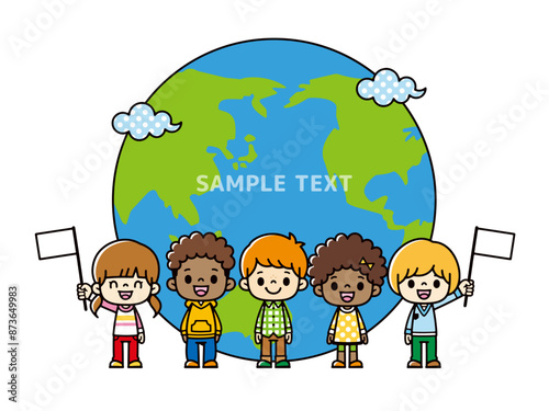 雲がかかる大きな地球の前に立って、笑顔で旗を振る世界の小学生の集団のイラスト