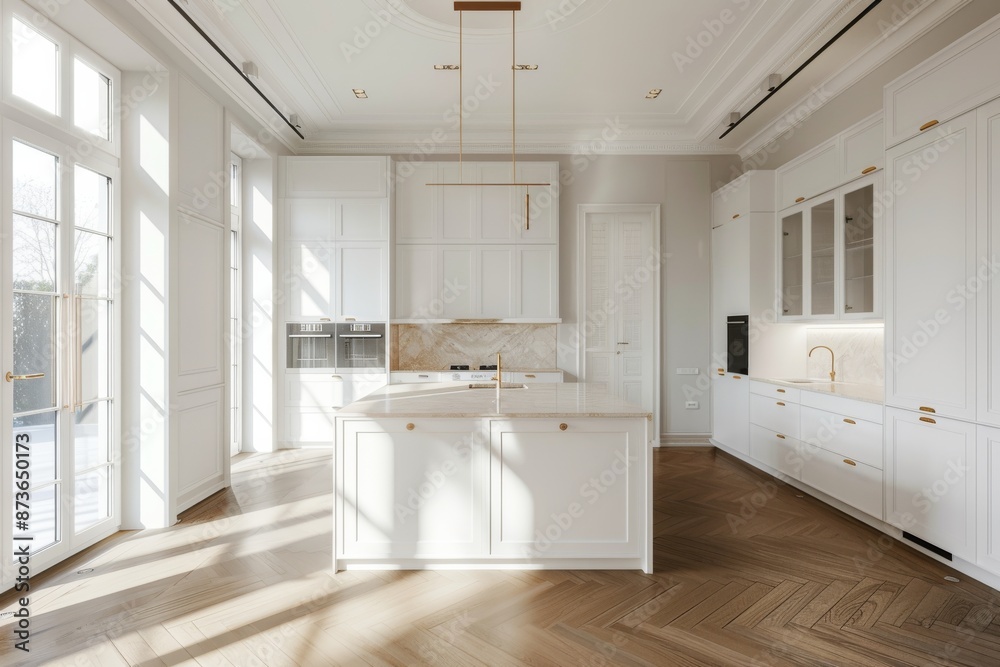 Interior of modern kitchen with white walls, wooden floor, white cupboards and white countertops. Interior of modern kitchen with white walls, wooden floor, white cupboards and white countertops.