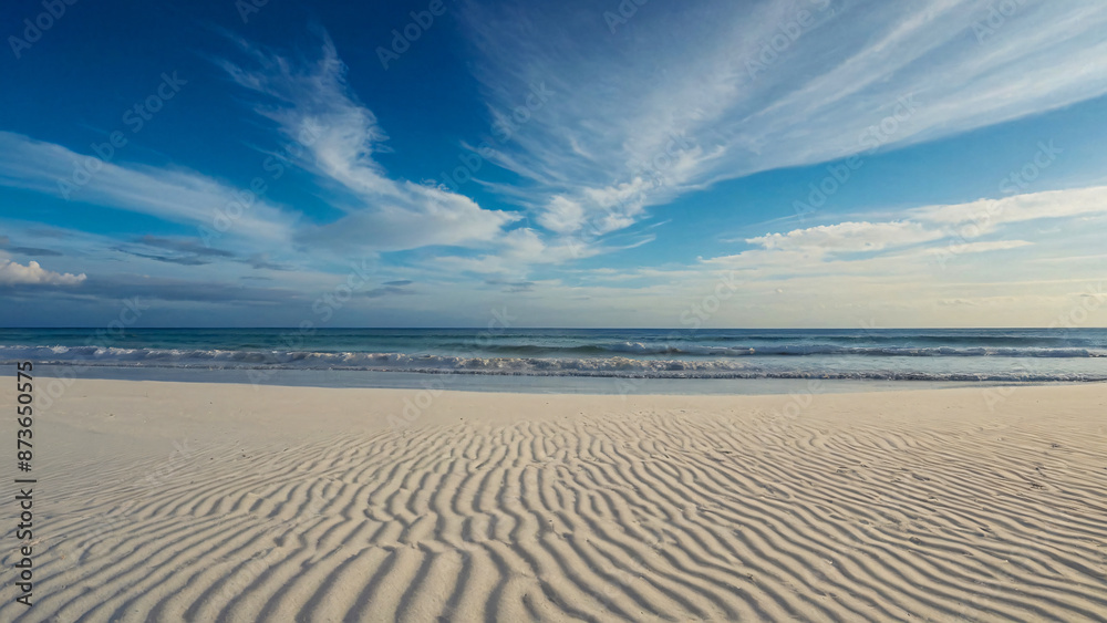 Tranquil Waves Caressing the Pristine Sandy Shore Under a Vast Blue Sky Tranquil Waves Caressing the Pristine Sandy Shore Under a Vast Blue Sky