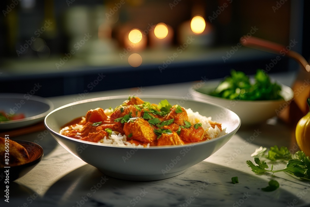 Japanese curry with rice and chives in a bowl on the table. Rice with curry and chicken in a bowl
Japanese curry with rice and chives in a bowl on the table. Rice with curry and chicken in a bowl