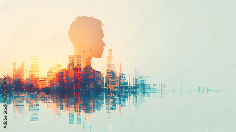 Obraz premium background with city, close up, vibrant colors, Double exposure silhouette with leadership team