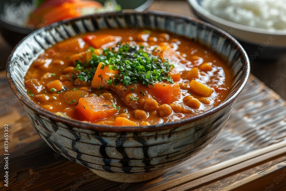 Japanese curry with rice and chives in a bowl on the table. Rice with curry and chicken in a bowl
Japanese curry with rice and chives in a bowl on the table. Rice with curry and chicken in a bowl